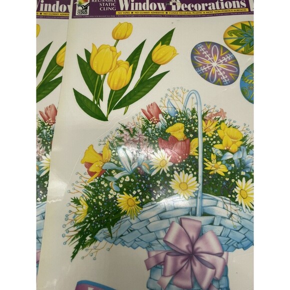 Vintage Lot of 4 Easter Egg Flower Basket Window Clings Vinyl Decoration - Picture 6 of 12